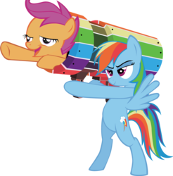 Size: 900x915 | Tagged: safe, rainbow dash, scootaloo, pegasus, pony, g4, cannon, cannon ponies, duo, female, filly, mare, pony cannonball, rocket launcher, simple background, transparent background