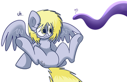 Size: 1280x824 | Tagged: safe, artist:extradan, derpy hooves, oc:jerky hooves, pegasus, pony, g4, chest fluff, dialogue, female, heart, looking at something, mare, simple background, spread legs, spread wings, spreading, tentacles, underhoof, white background, wings