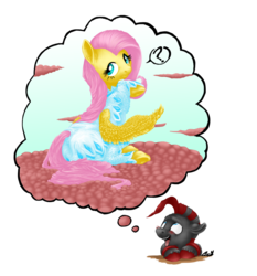 Size: 1409x1512 | Tagged: safe, artist:gimoody, fluttershy, oc, pegasus, pony, g4, aside glance, clothes, dream, dream bubble, duo, female, looking at you, looking back, looking back at you, mare, nudie suit, question mark, raised hoof, rear view, sitting, speech bubble, spread wings, turned head, wings