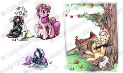 Size: 1233x737 | Tagged: safe, artist:gimoody, applejack, pinkie pie, trixie, oc, g4, musical instrument, sketch dump, tree