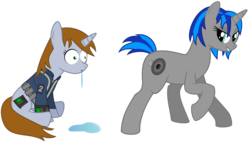 Size: 5300x3000 | Tagged: dead source, safe, artist:gimoody, oc, oc only, oc:homage, oc:littlepip, pony, unicorn, fallout equestria, clothes, cutie mark, eyes on the prize, fanfic, fanfic art, female, grin, hooves, horn, jumpsuit, lesbian, mare, oc x oc, pipbuck, raised hoof, ship:pipmage, shipping, simple background, sitting, smiling, standing, transparent background, vault suit
