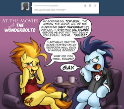 Size: 1000x879 | Tagged: safe, artist:pluckyninja, soarin', spitfire, tumblr:sexy spitfire, g4, annoyed, chair, clothes, crossed legs, dress, fangirling, floppy ears, open mouth, sitting, smiling, squishy cheeks, stupid sexy spitfire, suit, top gun, tumblr