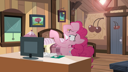 Size: 900x506 | Tagged: safe, artist:thunderman33, pinkie pie, bed, bedroom, computer, desk, female, interior, keyboard, reaction image, solo