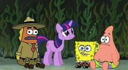 Size: 630x345 | Tagged: safe, edit, twilight sparkle, g4, it's about time, all hail the magic conch, club spongebob, crossover, male, park ranger, patrick star, spongebob squarepants, spongebob squarepants (character)