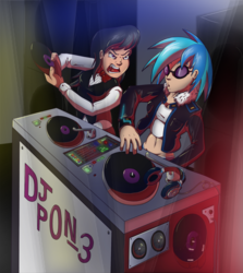 Size: 746x835 | Tagged: safe, artist:sound-resonance, dj pon-3, octavia melody, vinyl scratch, human, g4, angry, duo, female, glasses, humanized, lesbian, party, record, scratching vinyl, ship:scratchtavia, shipping, turntable