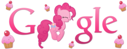 Size: 1800x700 | Tagged: safe, artist:thepatrollpl, pinkie pie, earth pony, pony, g4, cupcake, eyes closed, female, food, google, google logo, jumping, pronking, simple background, smiling, solo, transparent background