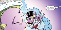 Size: 1018x505 | Tagged: safe, idw, official comic, rarity, spike, dragon, pony, g4, spoiler:comic, female, heart, male, mare, ship:sparity, shipping, straight