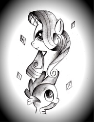 Size: 2550x3300 | Tagged: artist needed, safe, rarity, spike, dragon, pony, unicorn, g4, bust, female, male, mare, monochrome