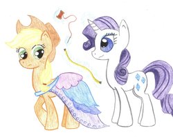 Size: 900x715 | Tagged: safe, artist:johnpaulgeorgeringo6, applejack, rarity, g4, clothes, dress, measuring tape, thread