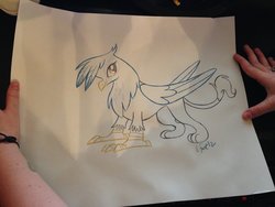 Size: 1600x1200 | Tagged: safe, artist:lauren faust, gilda, griffon, human, g4, hand, irl, looking at you, sketch, smiling, traditional art