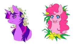 Size: 2012x1198 | Tagged: safe, artist:poltergeistcat, pinkie pie, twilight sparkle, g4, floral head wreath, flower, pixiv