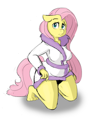Size: 600x700 | Tagged: safe, artist:allosaurus, artist:jalm, fluttershy, anthro, plantigrade anthro, g4, barefoot, bathrobe, breasts, busty fluttershy, chubby, clothes, feet, female, floppy ears, plump, robe, solo, wide hips