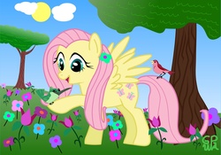 Size: 3310x2322 | Tagged: safe, artist:wildanime, fluttershy, bird, g4, flower