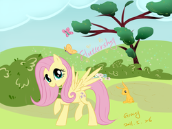 Size: 900x675 | Tagged: dead source, safe, artist:xcopyen002, fluttershy, butterfly, pegasus, pony, rabbit, g4, female