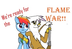 Size: 788x532 | Tagged: safe, artist:hidanandkakuzu126, gilda, rainbow dash, griffon, g4, duo, gun