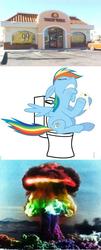 Size: 389x960 | Tagged: safe, artist:fabulouspony, edit, rainbow dash, pegasus, pony, g4, atomic rainboom, but why, comic, cringe comedy, diarrhea, explosion, explosive diarrhea, female, funny, funny as hell, implied pooping, mare, mushroom cloud, my life is ruined, not salmon, poop, rainbow poop, rainbowrrhea, sitting on toilet, solo, sonic rainboom, taco bell, toilet, toilet humor, toilet paper, wat, we are going to hell
