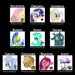 Size: 600x600 | Tagged: safe, applejack, fluttershy, lyra heartstrings, mayor mare, pinkie pie, queen chrysalis, rainbow dash, rarity, screw loose, twilight sparkle, squirrel, g4, city of guilds, comparison chart, female, glasses, glowing eyes, guildpact, hand, magic the gathering, pinkamena diane pie, ravnica, twilight snapple