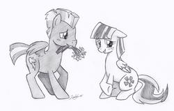 Size: 1867x1189 | Tagged: dead source, safe, artist:hahasauce, blossomforth, thunderlane, pegasus, pony, g4, duo, flower, monochrome, ship:blossomlane, shipping