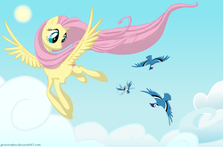 Size: 5756x3789 | Tagged: safe, artist:grievousfan, fluttershy, bird, blue jay, pegasus, pony, g4, cloud, cloudy, female, flying, mare, sky, smiling, solo, sun