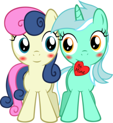 Size: 4615x5000 | Tagged: safe, artist:artpwny, bon bon, lyra heartstrings, sweetie drops, earth pony, pony, unicorn, g4, absurd resolution, blushing, female, filly, heart, lesbian, mouth hold, ship:lyrabon, shipping, simple background, transparent background, valentine, valentine's day, vector