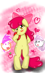 Size: 400x640 | Tagged: safe, artist:jollyware, apple bloom, scootaloo, sweetie belle, earth pony, pegasus, pony, unicorn, g4, :o, apple, backpack, belly button, bipedal, blushing, bow, cute, digital art, drawing, female, food, hair bow, looking at you, open mouth, randoseru, trio, trio female