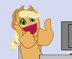 Size: 493x402 | Tagged: safe, applejack, g4, awesome face, computer, hand, thumbs up, wat