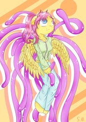 Size: 2100x2990 | Tagged: safe, artist:spikedmauler, fluttershy, pegasus, anthro, g4, cult leader fluttershy, kinky cultershy, sweat, tentacles