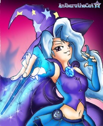 Size: 1100x1332 | Tagged: safe, artist:anibaruthecat, trixie, human, g4, armpits, belly button, clothes, female, hat, horn wand, humanized, magic, solo, trixie's cape, trixie's hat, vest, waistcoat, wand