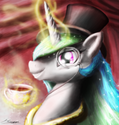 Size: 857x900 | Tagged: safe, artist:huussii, princess celestia, pony, g4, female, hat, monocle, monocle and top hat, solo, tea, top hat, trollestia