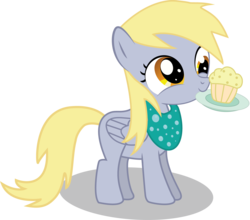 Size: 3405x3001 | Tagged: safe, artist:chubble-munch, derpy hooves, pegasus, pony, g4, bib, blank flank, cute, derpabetes, female, filly, filly derpy, filly derpy hooves, mouth hold, muffin, plate, simple background, smiling, solo, that pony sure does love muffins, transparent background, younger