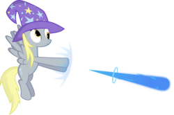 Size: 6500x4319 | Tagged: safe, artist:delectablecoffee, derpy hooves, pegasus, pony, g4, absurd resolution, blast, clothes, female, flying, hat, magic, magic blast, mare, simple background, solo, spread wings, transparent background, trixie's hat, wings