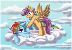 Size: 900x626 | Tagged: safe, artist:inuhoshi-to-darkpen, rainbow dash, scootaloo, pegasus, pony, g4, butt, cloud, cloudy, female, filly, foal, mare, plot, tired, unshorn fetlocks