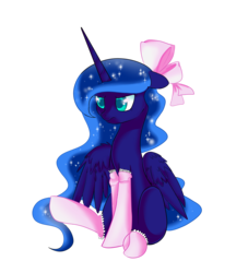 Size: 2000x2200 | Tagged: dead source, safe, artist:fikakorv, princess luna, alicorn, pony, g4, bow, clothes, cute, female, floppy ears, hair bow, high res, luna is not amused, lunabetes, mare, simple background, sitting, socks, solo, transparent background, unamused