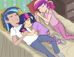 Size: 1280x989 | Tagged: safe, artist:allosaurus, artist:megasweet, princess cadance, shining armor, twilight sparkle, human, g4, bed, clothes, cute, eyes closed, holding hands, humanized, on side, pajamas, shiny, sleeping, smiling, snuggling, younger