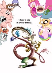 Size: 905x1280 | Tagged: safe, artist:drojan, discord, draconequus, g4, adventure time, crossover, darwin watterson, disney, finn the human, gumball watterson, jake the dog, lady rainicorn, lilo and stitch, male, mordecai, mordecai and rigby, nicole watterson, nostalgia in the comments, one eye closed, poster, princess bubblegum, rainicorn, regular show, richard watterson, rigby (regular show), the amazing world of gumball, wink