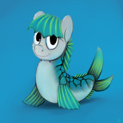 Size: 2300x2300 | Tagged: safe, artist:gordonfreeguy, oc, oc only, fish, sea pony, freckles, looking at you, mackerel, ponified, smiling, solo