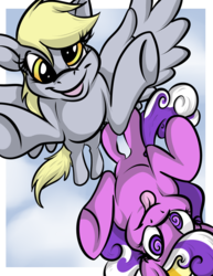 Size: 1024x1325 | Tagged: dead source, safe, artist:irishthorns, derpy hooves, screwball, pegasus, pony, g4, derp, female, flying, flying towards you, fourth wall, hat, looking at you, mare, out of frame, propeller hat, swirly eyes, tongue out