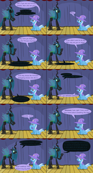 Size: 1500x2807 | Tagged: safe, artist:evil-dec0y, queen chrysalis, changeling, changeling queen, pony, unicorn, comic:trixie vs., g4, ask, cape, clothes, comic, duo, duo female, female, hat, mare, stage, trixie's cape, trixie's hat, tumblr