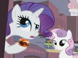 Size: 320x240 | Tagged: safe, rarity, sweetie belle, g4, burger, food, hamburger, sweetieburger
