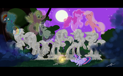 Size: 1894x1184 | Tagged: dead source, safe, artist:fly-gray, applejack, fluttershy, pinkie pie, rainbow dash, rarity, twilight sparkle, alicorn, ghost, pony, undead, g4, crying, female, grave, hatless, immortality blues, mane six, mare, missing accessory, moon, sad, spirit, statue, twilight sparkle (alicorn)