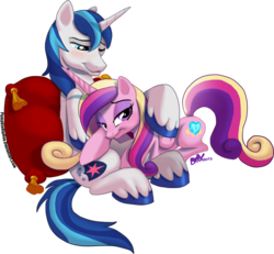 Size: 1100x1016 | Tagged: safe, artist:pandadox, princess cadance, shining armor, alicorn, pony, unicorn, g4, bedroom eyes, blushing, cuddling, female, hug, looking at you, male, mare, open mouth, pillow, ship:shiningcadance, shipping, simple background, sitting, smiling, snuggling, stallion, straight, transparent background, wink