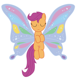 Size: 4000x4000 | Tagged: safe, artist:walkerdine, scootaloo, butterfly, butterfly pony, hybrid, g4, artificial wings, augmented, butterfly wings, female, filly, foal, glimmer wings, magic, magic wings, simple background, solo, transparent background, vector, wings