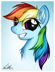 Size: 1024x1325 | Tagged: dead source, safe, artist:ep-777, rainbow dash, pegasus, pony, g4, bust, chest fluff, female, grin, looking at you, mare, portrait, signature, smiling, solo