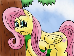 Size: 1024x768 | Tagged: safe, artist:shinkuma, fluttershy, pegasus, pony, g4, female, frown, grass, mare, scared, side view, solo, tree