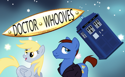 Size: 732x450 | Tagged: safe, derpy hooves, doctor whooves, time turner, pegasus, pony, g4, doctor who, female, jumper, mare, ninth doctor, peacoat, tardis