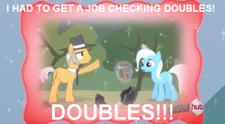 Size: 631x348 | Tagged: safe, screencap, igneous rock pie, trixie, g4, magic duel, check em, doubles, meme, reaction image