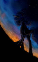Size: 800x1280 | Tagged: safe, artist:grayma1k, princess luna, alicorn, pony, g4, dark, female, fisheye lens, low angle, solo, sunset, twilight (astronomy)