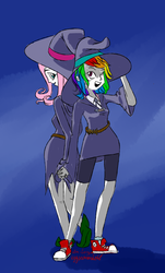 Size: 1605x2658 | Tagged: safe, artist:eggsammich, fluttershy, rainbow dash, human, g4, belt, clothes, compression shorts, converse, dress, duo, female, hat, holding hands, humanized, lesbian, little witch academia, ship:flutterdash, shipping, shoes, shorts, skirt, witch, witch hat