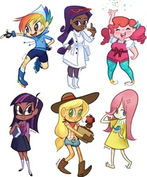 Size: 500x601 | Tagged: safe, artist:geneva hodgson, applejack, fluttershy, pinkie pie, rainbow dash, rarity, twilight sparkle, human, g4, barefoot, clothes, confetti, converse, dark skin, feet, glasses, gloves, humanized, mane six, overalls, roller skates, shoes, twitter