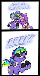 Size: 809x1504 | Tagged: safe, artist:calicopikachu, oc, oc only, oc:rainbow blast, pony, comic, my little headshotz, the ass was fat, tuff muffin, tuffmuffin